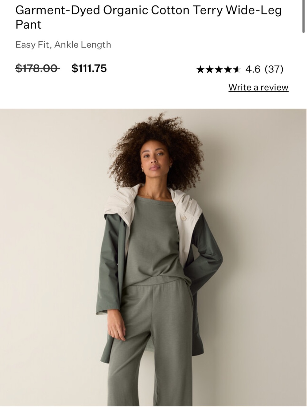 Eileen Fisher garment dyed organic cotton terry wide leg pant